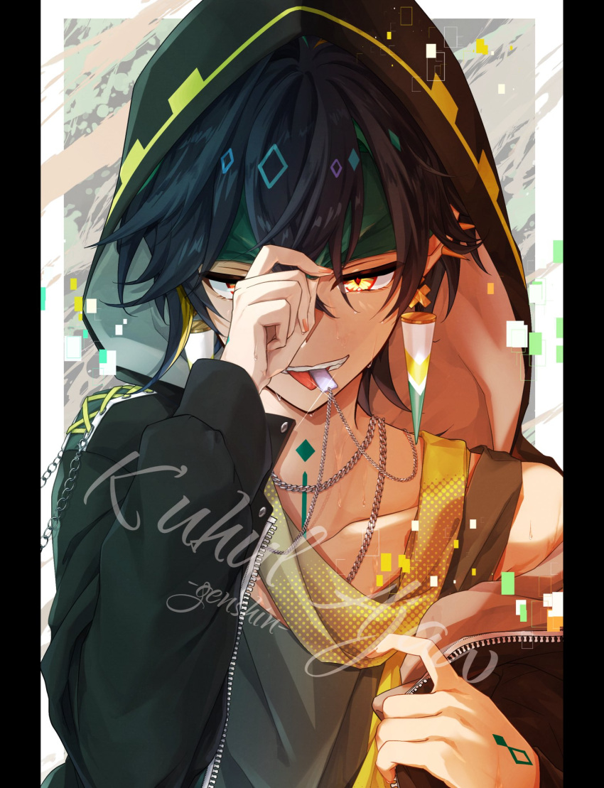 1boy black_hair black_jacket border chain_necklace chains clothes_grab collarbone cross cross_earrings diamond_(shape) earrings floating_earring genshin_impact green_eyes green_hair green_shirt hair_between_eyes hand_tattoo highres hood hooded_jacket jacket jewelry kinich_(genshin_impact) long_sleeves looking_at_viewer male_focus mouth_hold multicolored_eyes multicolored_hair neck_tattoo necklace necklace_in_mouth open_mouth outside_border pillarboxed playing_with_own_hair shirt smile solo sora_(garakuta_waltz) tattoo tongue tongue_out upper_body watermark white_border yellow_eyes