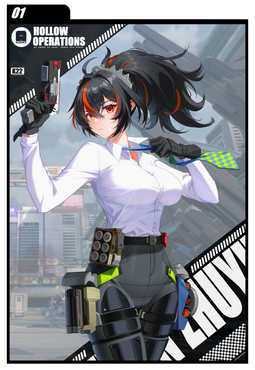 absurdres black_gloves black_hair black_pants blue_necktie breasts checkered_necktie cowboy_shot esc_(chidme12) female gloves gun hand_up highres holding holding_gun holding_weapon large_breasts metal_hairband multicolored_hair necktie pants police police_uniform policewoman ponytail red_eyes red_hair shirt solo streaked_hair tight_clothes tight_pants weapon white_shirt zenless_zone_zero zhu_yuan