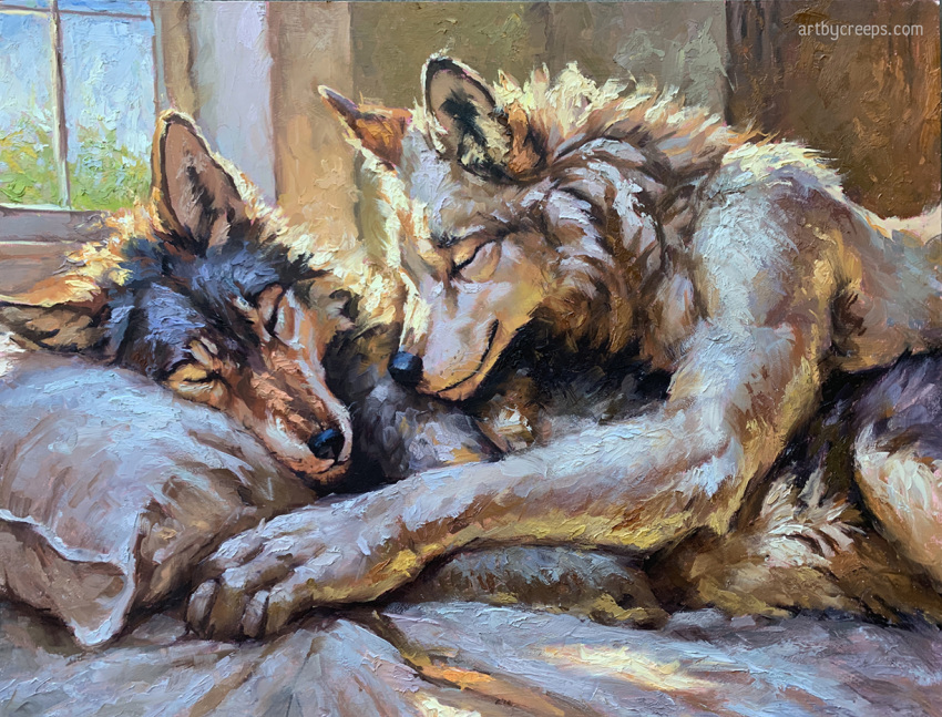 ambiguous/ambiguous ambiguous_gender anthro artist_name bed canid canine canis closed_eyes clothed clothing creeps detailed_background duo fur furniture lying lying_on_another lying_on_bed mammal oil_painting_(artwork) on_bed painting_(artwork) romantic romantic_couple smile text topless traditional_media_(artwork) url wolf