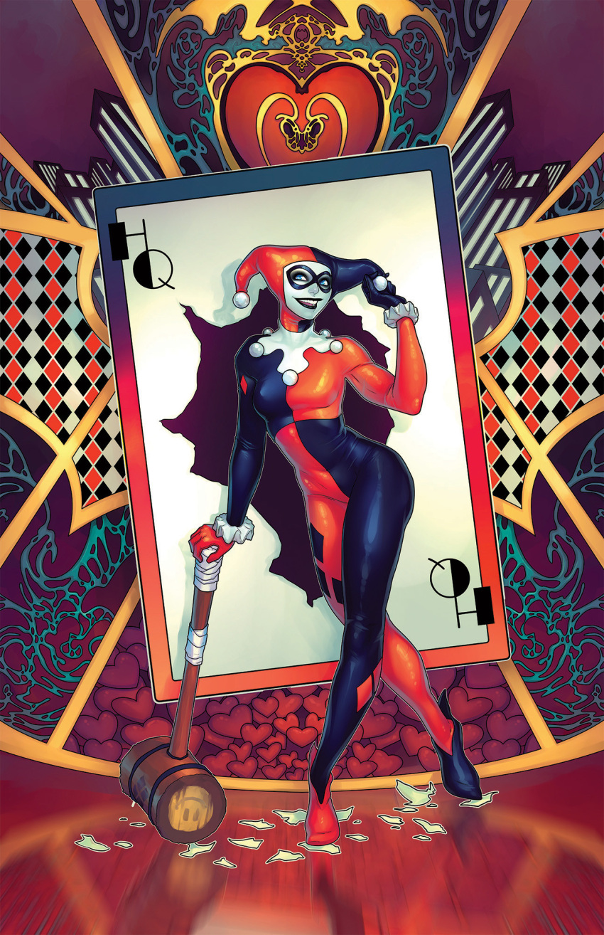 batman_(series) black_bodysuit black_lips black_mask blue_eyes bodysuit breasts card colored_skin dc_comics domino_mask female full_body harley_quinn harley_quinn_(classic) highres holding holding_mallet mallet mask medium_breasts meghan_hetrick playing_card red_bodysuit solo standing two-tone_bodysuit white_skin