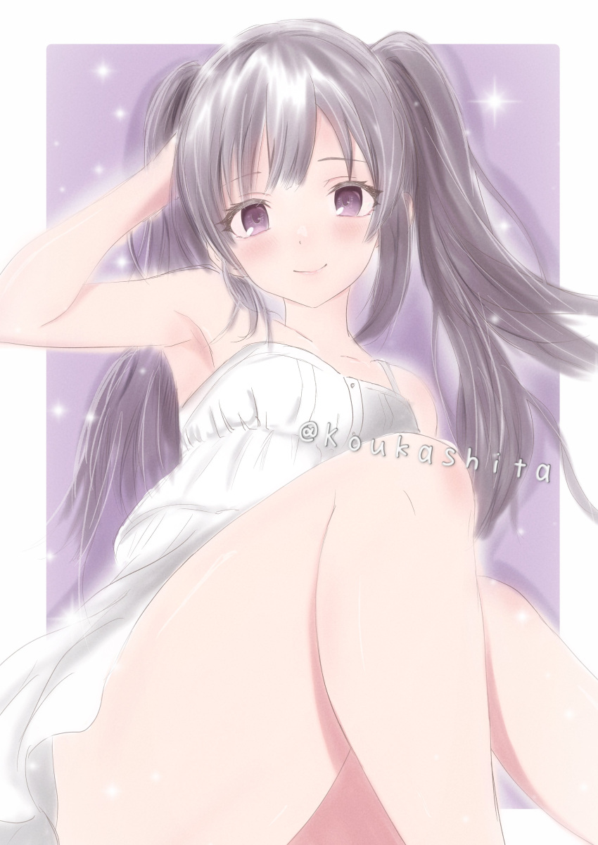 absurdres adjusting_hair armpits black_hair blush border breasts collarbone commentary_request dress feet_out_of_frame female from_below hand_up highres idolmaster idolmaster_shiny_colors knees_up koukashita long_hair looking_at_viewer outside_border purple_background purple_eyes rounded_corners short_dress sidelocks sitting sleeveless sleeveless_dress small_breasts smile solo spaghetti_strap sparkle twintails white_border white_dress yukoku_kiriko