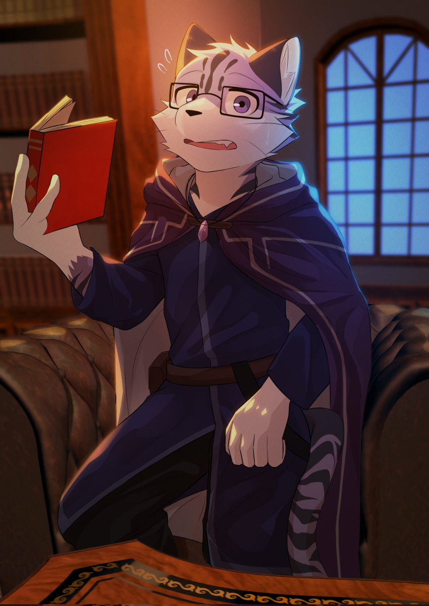 amethyst_(gem) anthro black_ears black_eyewear black_glasses black_markings bodily_fluids book bookshelf cape clothed clothed_anthro clothed_male clothing ear_tuft eyewear fangs felid fur furniture gem glasses hair hi_res holding_book holding_object inside jewelry looking_at_viewer male mammal markings necklace on_sofa open_mouth pantherine pendant pink_tail potato_12_13 purple_body purple_cape purple_clothing purple_eyes purple_fur purple_hair red_book sitting sitting_on_sofa sofa solo striped_body striped_markings striped_tail stripes surprise sweat tail tail_markings teeth tiger tuft wearing_glasses whiskers window