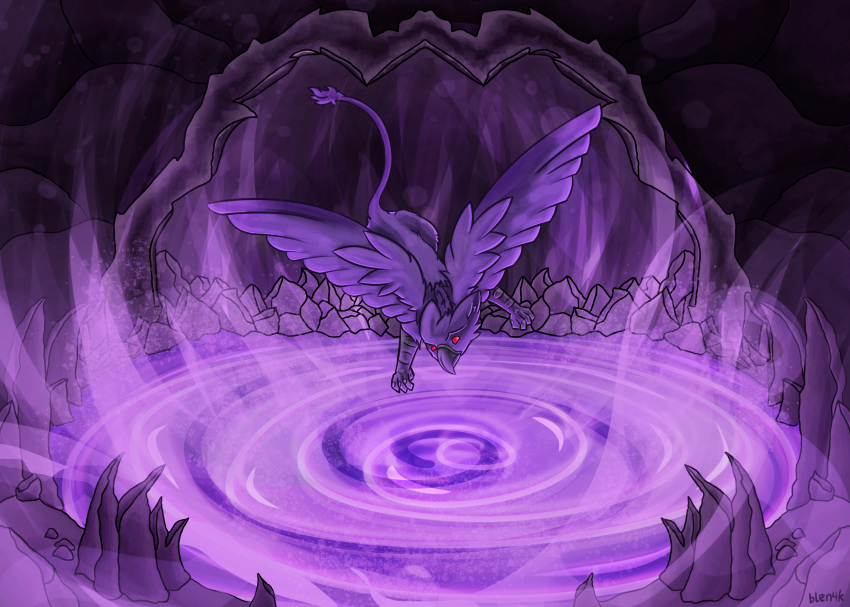 2022 avian blen4k cave claws feathers feral fur galyun gryphon hi_res magic male mythological_avian mythological_creature mythology purple_background purple_body purple_fur red_eyes simple_background solo tail whirlpool wings