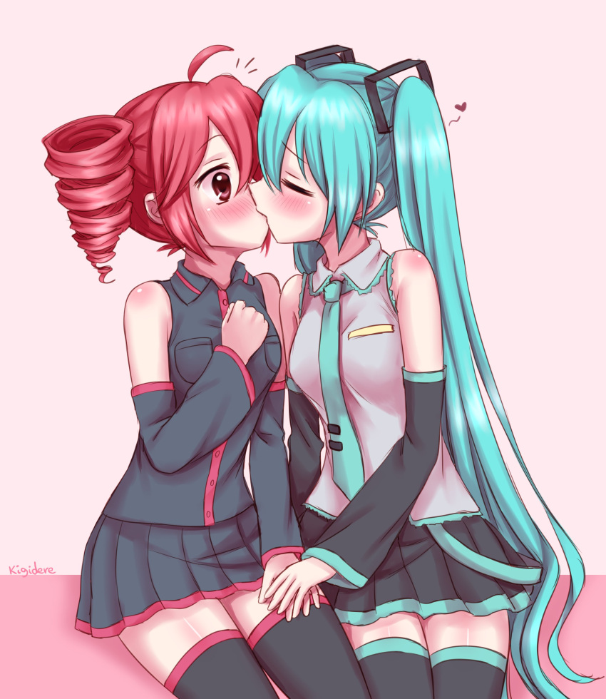 2girls absurdres ahoge aqua_hair aqua_necktie bare_shoulders black_skirt black_sleeves blush breasts closed_eyes collared_shirt commentary detached_sleeves drill_hair english_commentary grey_shirt grey_skirt grey_sleeves hair_ornament hand_up hatsune_miku heart highres holding_hands kasane_teto kigidere kissing long_hair long_sleeves looking_at_another miniskirt multiple_girls necktie pleated_skirt red_eyes red_hair shirt sitting skirt sleeveless sleeveless_shirt small_breasts thighhighs twin_drills twintails utau very_long_hair vocaloid yuri zettai_ryouiki