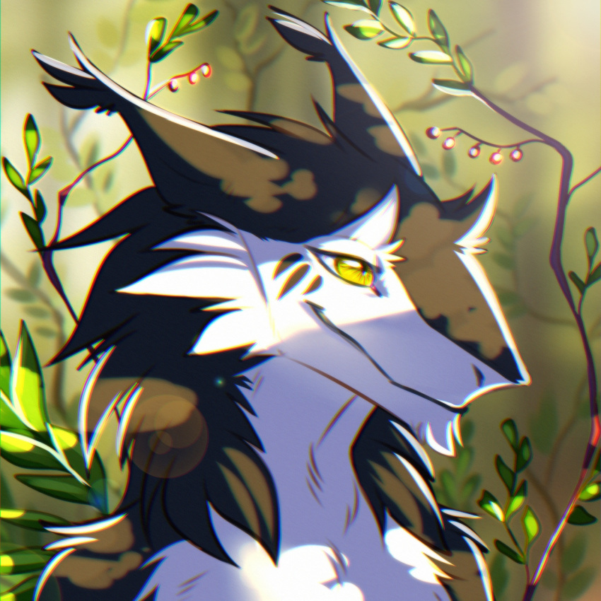 ambiguous_gender anaglyph anthro black_body black_fur black_markings bust_portrait chromatic_aberration darkarlett fur hi_res kodusei_(character) leaf markings plant portrait sergal solo stereogram white_body white_fur yellow_eyes