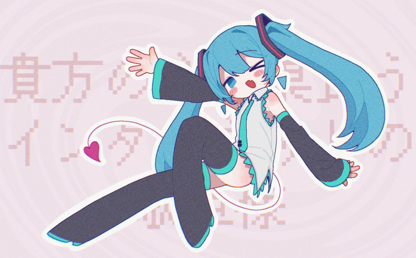 >_o ;d aqua_eyes aqua_hair aqua_necktie aqua_trim bad_id bad_twitter_id banananosongen bare_shoulders black_footwear black_sleeves blush_stickers boots brown_background collared_shirt commentary_request demon_tail detached_sleeves female film_grain full_body grey_shirt hatsune_miku highres jaggy_lines knee_up long_hair looking_at_viewer necktie no_sclera oerba_yun_fang one_eye_closed open_mouth outline outstretched_arm pink_tail shirt skin_fang sleeveless sleeveless_shirt sleeves_past_wrists smile solo tail thigh_boots translation_request twintails vocaloid white_outline