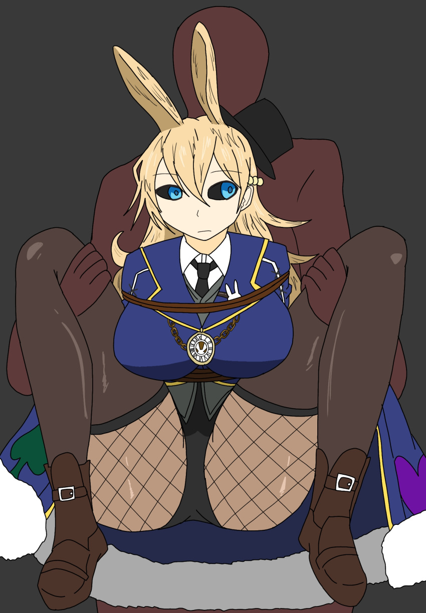 1boy animal_ears ass black_hat black_sclera blonde_hair blue_coat blue_eyes bondage bondage bondage bound braid breasts brown_footwear clock_pendant coat colored_sclera female full_nelson grey_background grimms_echoes hat hayaseryo14 highres huge_breasts long_hair playboy_bunny rabbit_ears restrained rope simple_background top_hat void_white_rabbit_(grimms_echoes)