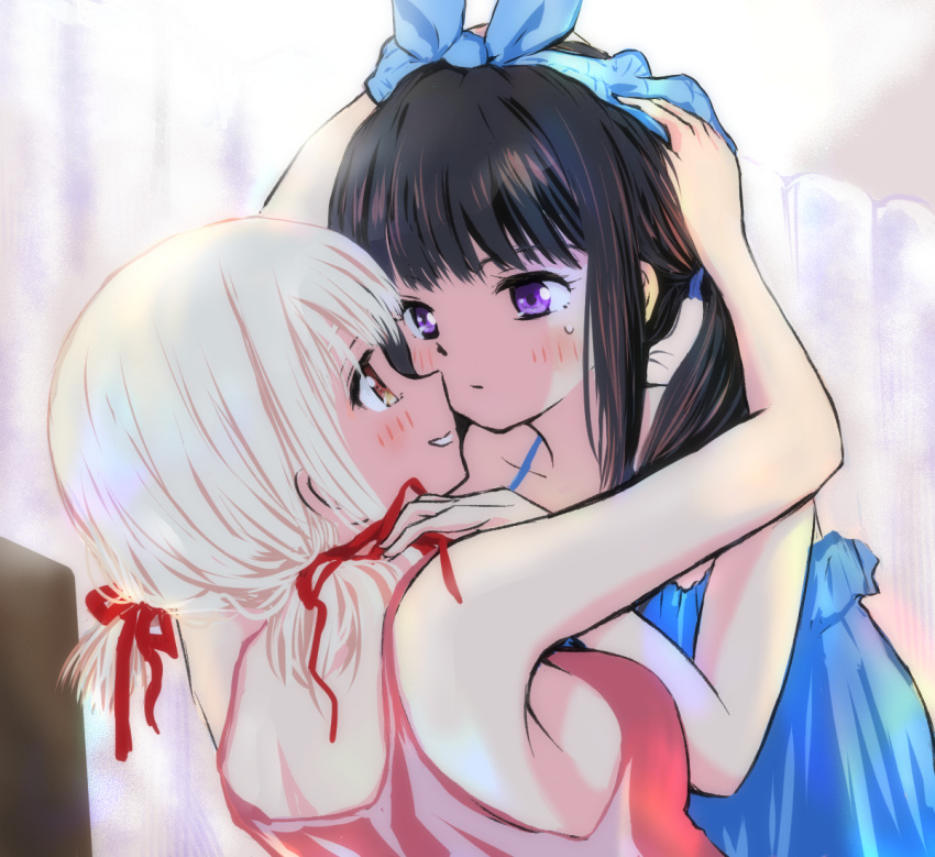 2girls bare_arms black_hair blonde_hair blue_bow blue_camisole blush bow camisole commentary_request eye_contact hair_ribbon hairbow hand_in_another's_hair hand_on_another's_shoulder indoors inoue_takina komari_(komarimiru3) long_hair looking_at_another lycoris_recoil multiple_girls nishikigi_chisato orange_eyes parted_lips pink_camisole purple_eyes ribbon short_twintails smile sweatdrop twintails upper_body yuri