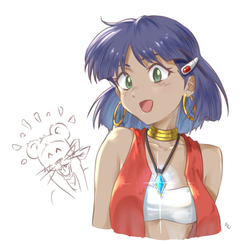 :d ^_^ artist_name bandeau bare_shoulders blue_gemstone blue_hair blunt_ends blush bob_cut breasts close-up closed_eyes collarbone commentary cropped_torso dark-skinned_female dark_skin earrings eyelashes female flying_sweatdrops fushigi_no_umi_no_nadia gem gold_earrings green_eyes hair_ornament hairclip highres hoop_earrings jewelry king_(nadia) lion lion_cub looking_at_viewer medium_breasts midriff mitsugu nadia_la_arwall neck_ring necklace open_clothes open_mouth open_vest pendant portrait red_vest short_hair signature simple_background sleeveless smile solo strapless tube_top vest white_background white_bandeau