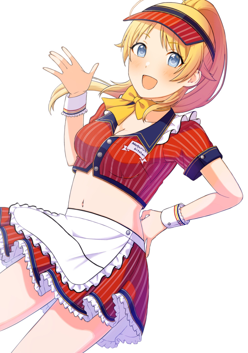 :d apron blonde_hair blue_eyes bow breasts carhop cleavage clothes_writing collarbone collared_shirt commentary_request crop_top dress_shirt dutch_angle female floating_hair frilled_apron frills hachimiya_meguru hand_on_own_hip hat highres idolmaster idolmaster_shiny_colors long_hair medium_breasts midriff navel ponytail puffy_short_sleeves puffy_sleeves red_hat red_shirt red_skirt sasakamasasa shirt short_sleeves simple_background skirt smile solo striped_clothes striped_headwear striped_skirt vertical-striped_clothes vertical-striped_headwear vertical-striped_skirt visor_cap white_apron white_background yellow_bow