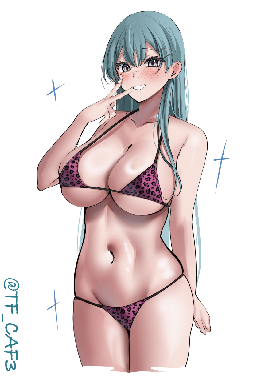 absurdres alternate_costume animal_print aqua_eyes aqua_hair bikini blush breasts cleavage covered_navel cowboy_shot female hair_ornament hairclip highres kantai_collection large_breasts leopard_print long_hair looking_at_viewer navel one-hour_drawing_challenge purple_bikini simple_background smile solo suzuya_(kancolle) swimsuit tf_cafe twitter_username white_background