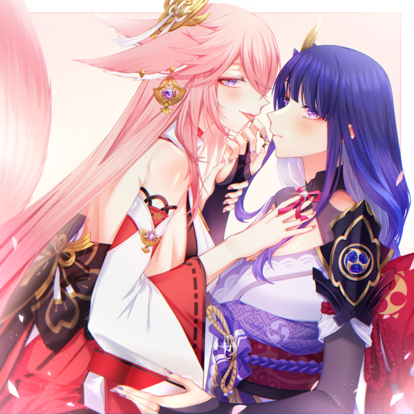 2girls animal_ears backless_outfit black_gloves blush breasts bridal_gauntlets cleavage closed_mouth detached_sleeves dress earrings fox_ears fox_girl fox_tail genshin_impact gloves hand_on_another's_chest japanese_clothes jewelry kimono large_breasts licking_another's_finger long_hair multiple_girls obi pink_hair pink_nails purple_eyes purple_hair purple_kimono purple_nails raiden_shogun sash sideboob sieka_(piiroinardesco) tail tongue tongue_out white_dress yae_miko yuri