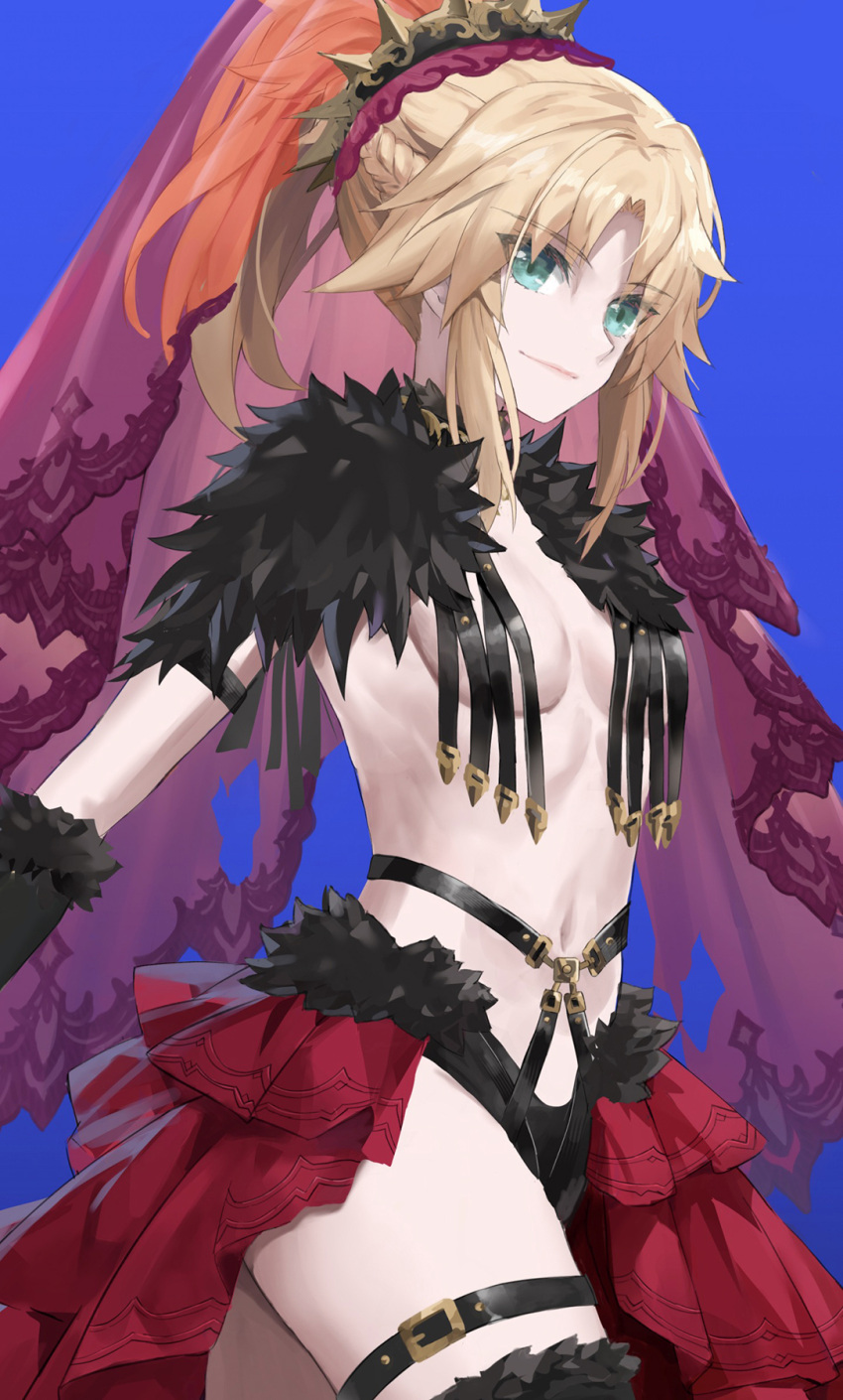 blonde_hair braid breasts fate/apocrypha fate_(series) female fur_collar green_eyes hair_ornament highres long_hair looking_at_viewer mordred_(fate) mordred_(fate/apocrypha) navel parted_bangs ponytail red_skirt showgirl_skirt sidelocks skirt small_breasts smile solo tonee veil