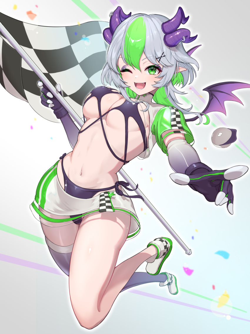 apricot_the_lich apricot_the_lich_(race_queen) bikini black_gloves breasts cleavage demon_girl demon_horns demon_wings elbow_gloves female fingerless_gloves flag gloves green_eyes green_hair hair_ornament hareteruya highres holding holding_flag horn_piercing horns looking_at_viewer medium_breasts medium_hair multicolored_hair multiple_horns navel pointy_ears purple_bikini purple_thighhighs race_flag see-through_clothes see-through_skirt single_thighhigh skirt smile solo streaked_hair swimsuit thighhighs virtual_youtuber vshojo white_footwear white_skirt wings x_hair_ornament