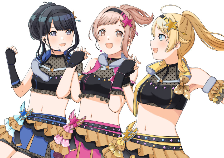 3girls :d bare_shoulders bike_shorts black_gloves black_hair black_shorts blonde_hair blue_eyes blue_skirt blush breasts brown_eyes brown_hair commentary_request crop_top elbow_gloves fingerless_gloves floating_hair gloves grey_eyes hachimiya_meguru hand_up headset highres holding_hands idolmaster idolmaster_shiny_colors illumination_stars_(idolmaster) interlocked_fingers kazano_hiori long_hair medium_breasts midriff mole mole_under_mouth multiple_girls navel pink_skirt ponytail sakuragi_mano sasakamasasa shorts shorts_under_skirt simple_background skirt small_breasts smile white_background yellow_skirt