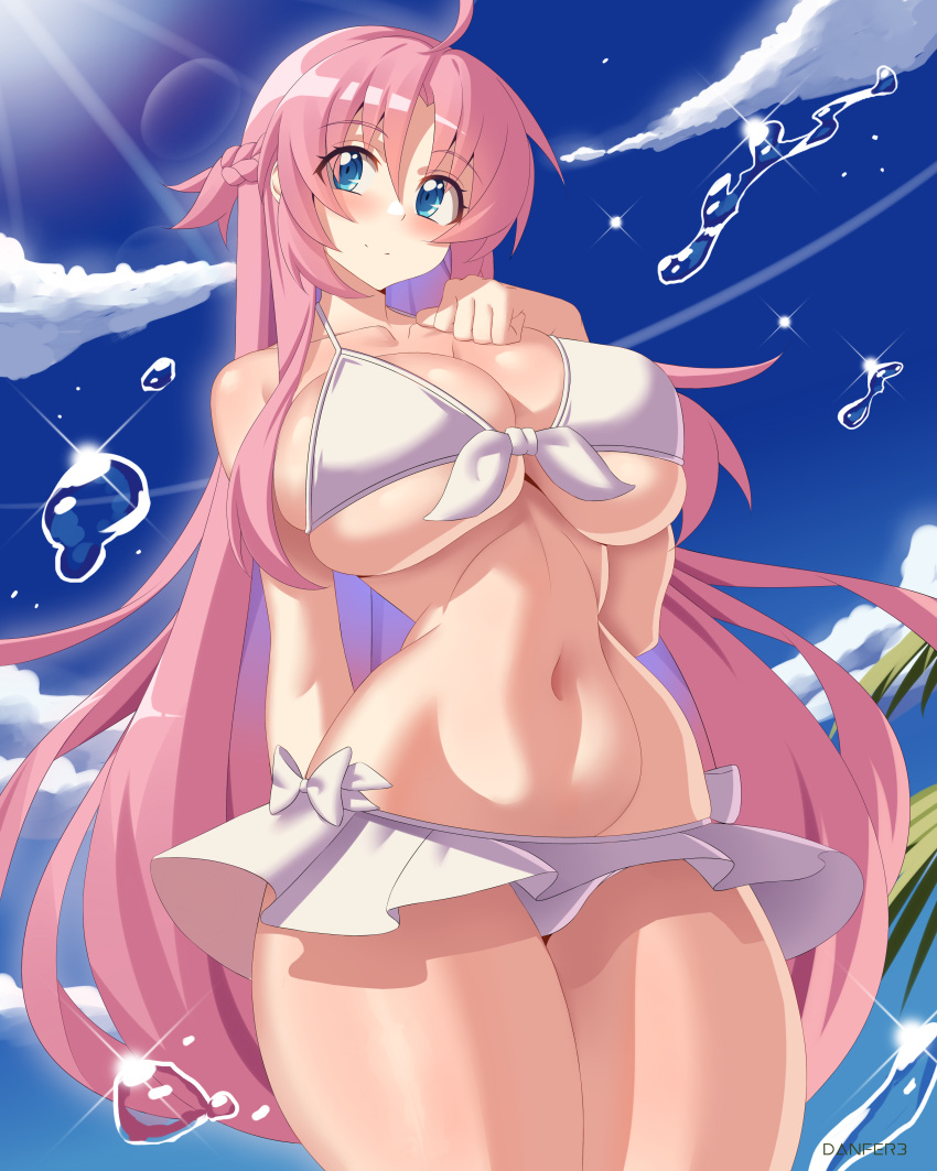 absurdres artist_name bad_id bad_pixiv_id bikini blue_eyes blue_sky blush braid breast_suppress breasts closed_mouth cloud cowboy_shot danfer3 female front-tie_bikini_top front-tie_top hand_on_own_chest highres large_breasts long_hair megami-ryou_no_ryoubo-kun narrow_waist navel pink_hair saotome_atena sky solo stomach swimsuit thighs very_long_hair water white_bikini