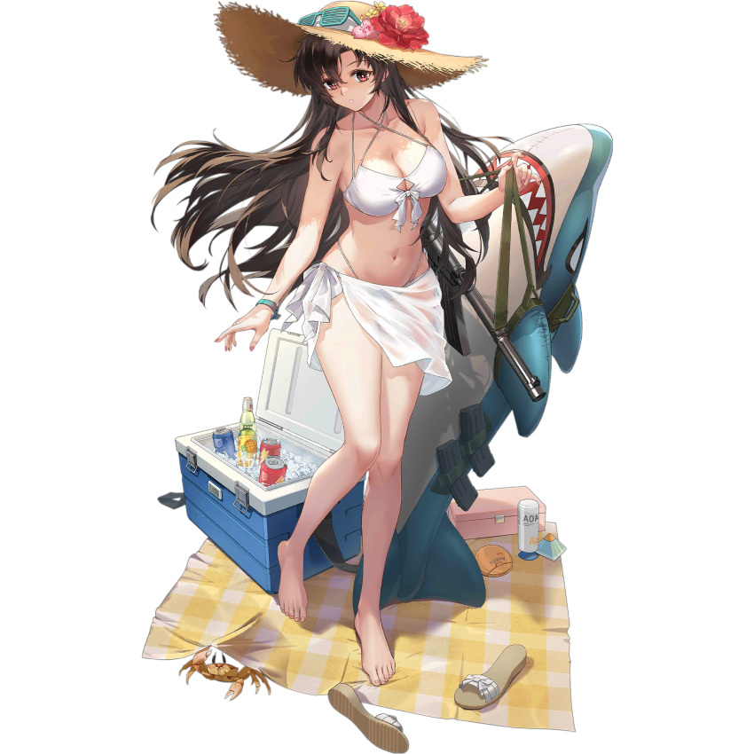 :o aqua_wristband barefoot bikini bottle box breasts brown_hair can chilunchilun collarbone cooler crab criss-cross_halter drink_can feet female fingernails flower full_body girls'_frontline green-framed_eyewear gun halterneck hat hat_flower highres ice ice_cube inflatable_shark inflatable_toy large_breasts long_hair lotion magazine_(weapon) nail_polish official_alternate_costume official_art parted_lips picnic_blanket pink_flower pink_nails red_eyes red_flower revision sandals sarong see-through_clothes see-through_sarong shadow shutter_shades simple_background skindentation soda_can solo standing standing_on_one_leg straw_hat submachine_gun sun_hat sunscreen swimsuit third-party_source toenail_polish toenails toes transparent_background type_64_(girls'_frontline) type_64_(shark-riding_beauty)_(girls'_frontline) type_64_smg unworn_sandals very_long_hair weapon white_bikini white_sarong