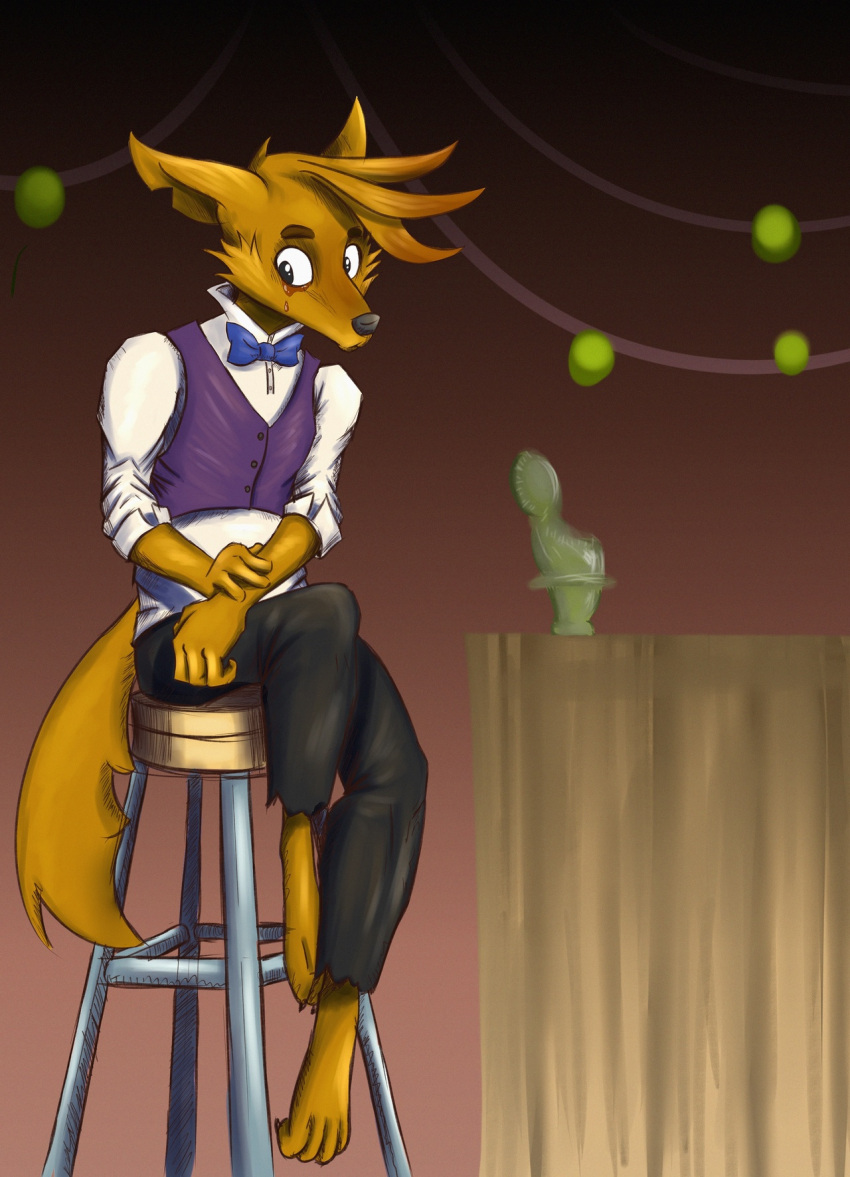 2024 anthro beastly_crimes beastly_crimes_(2024) biped black_nose bodily_fluids bottomwear bow_tie canid canine canis chair clothing coyote crying furniture hi_res male mammal pants sad shirt sitting solo tears topwear wurtall yote_(beastly_crimes)