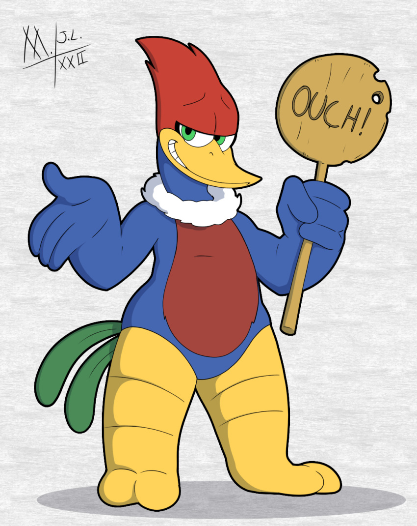 anthro avian beak bird feathers feet fur green_eyes hi_res male meatboom multicolored_body multicolored_fur neck_tuft onomatopoeia picid shit_eating_grin sign smile smirk solo sound_effects tail tail_feathers talons text the_woody_woodpecker_show toes tuft universal_studios woodpecker woody_woodpecker