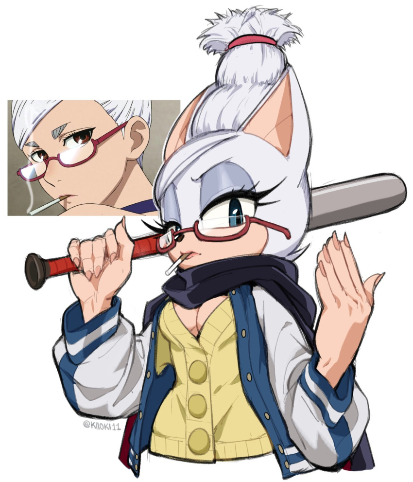 anthro baseball_bat bat bat_(object) breasts cleavage clothed clothing cosplay crossover crossover_cosplay dandadan eyeshadow eyewear female glasses hair hi_res human humanoid_hands jacket kiikoi11 light_body light_skin makeup mammal rouge_the_bat scarf sega seiko_ayase_(dandadan) signature simple_background solo sonic_the_hedgehog_(series) topwear white_hair