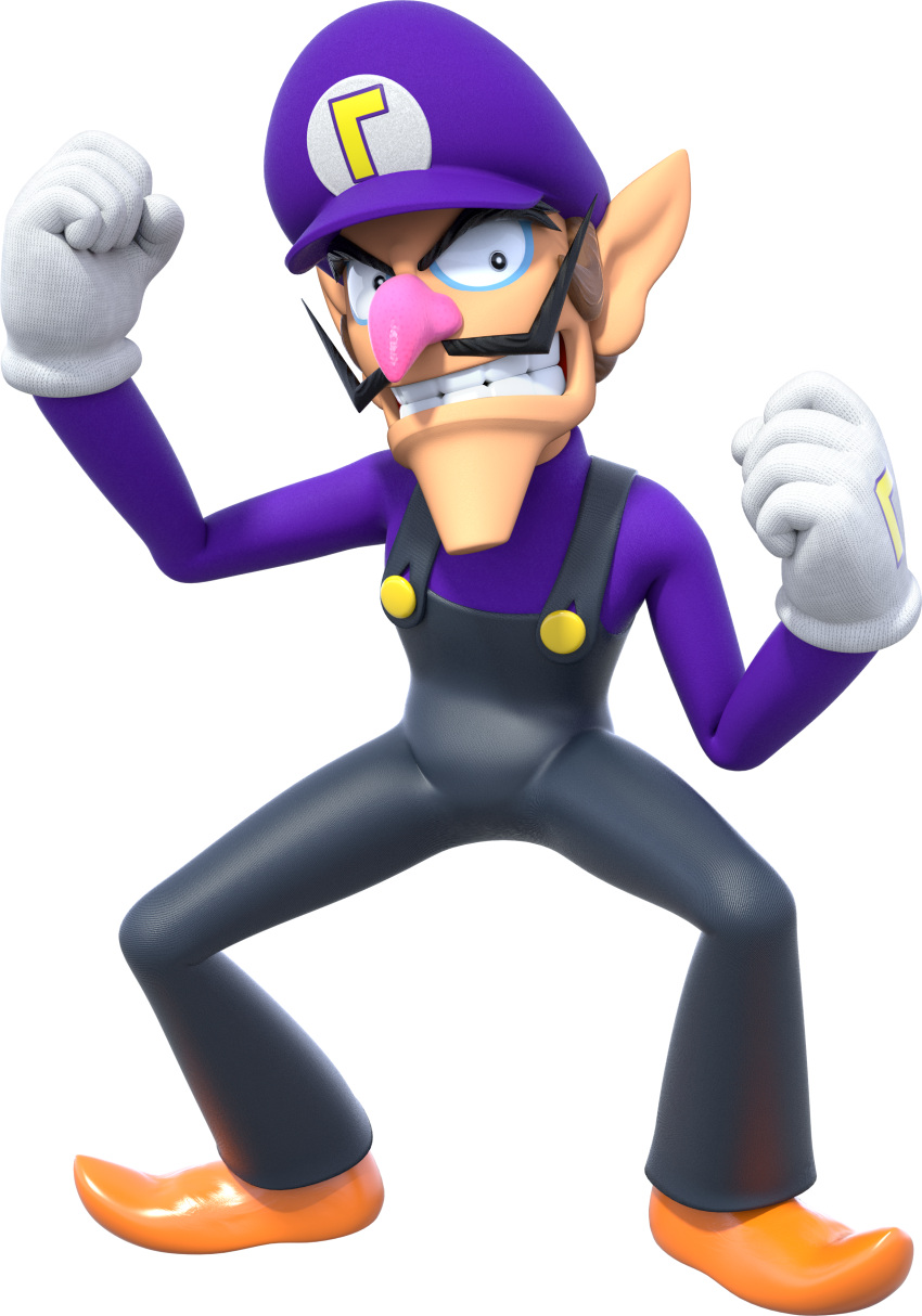 3d_(artwork) absurd_res alpha_channel black_clothing clothing digital_media_(artwork) elf eyeliner facial_hair gloves grin handwear hat headgear headwear hi_res humanoid humanoid_pointy_ears makeup male mario_bros moustache nintendo official_art overalls pink_nose pointy_ears pointy_shoes purple_clothing purple_shirt purple_topwear shirt simple_background smile solo tan_body tan_skin teeth topwear transparent_background unknown_artist waluigi