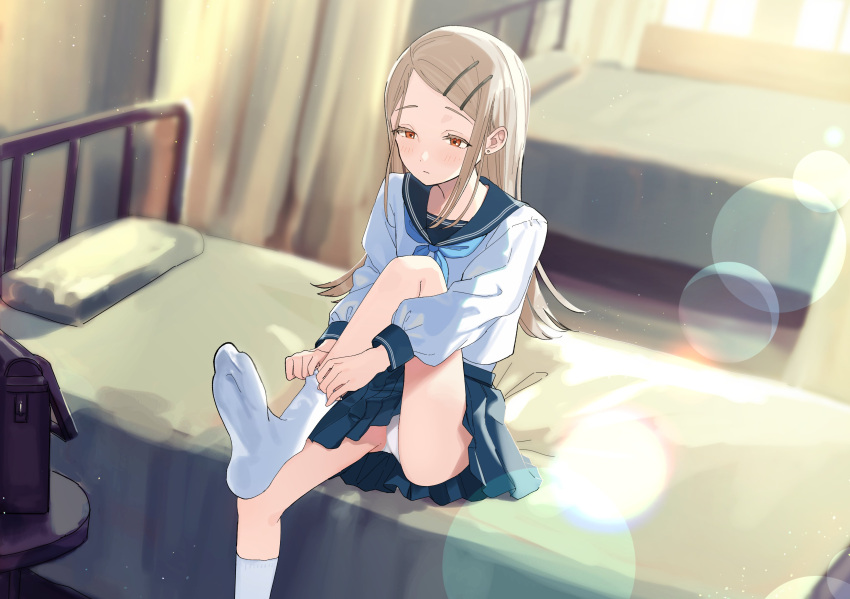 :| absurdres adjusting_sock backpack bag bare_legs bed_sheet bedroom blonde_hair blue_neckerchief blue_sailor_collar blue_skirt blurry blurry_background closed_mouth collared_shirt colored_eyelashes commentary_request commission day depth_of_field dress_shirt earrings expressionless female gakuen_idolmaster hachimitsu_ame_(phoenix) hair_ornament hairclip hatsuboshi_gakuen_school_uniform highres idolmaster indoors jewelry knee_up kneehighs lens_flare light_blush light_particles long_hair long_sidelocks long_sleeves looking_down neckerchief no_shoes on_bed orange_eyes panties pantyshot parted_bangs pillow pleated_skirt puffy_long_sleeves puffy_sleeves raised_eyebrows randoseru sailor_collar school_uniform serafuku shinosawa_hiro shirt sidelocks sitting skeb_commission skirt socks solo stud_earrings sunlight three_quarter_view underwear upskirt white_panties white_shirt white_socks