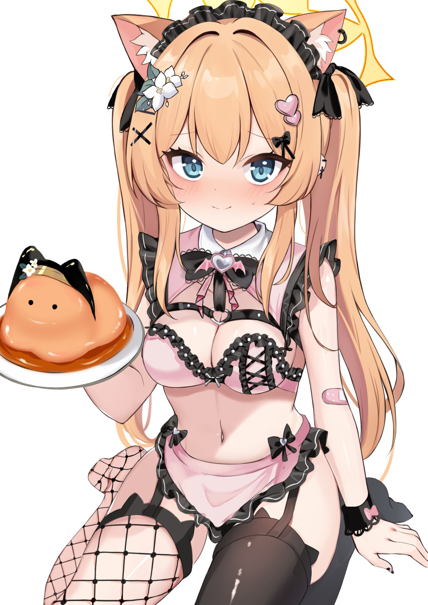 absurdres animal_ear_fluff animal_ears asymmetrical_legwear bandaid bandaid_on_arm black_thighhighs blonde_hair blue_archive blue_eyes blush breasts cat_ears cleavage closed_mouth commentary_request female fishnet_thighhighs fishnets flower frilled_skirt frills hair_flower hair_ornament halo hand_up heart heart_hair_ornament highres jirai_kei looking_at_viewer mari_(blue_archive) medium_breasts mismatched_legwear no_shoes pink_skirt plate rinringyo simple_background skirt smile solo thighhighs twintails white_background white_flower x_hair_ornament