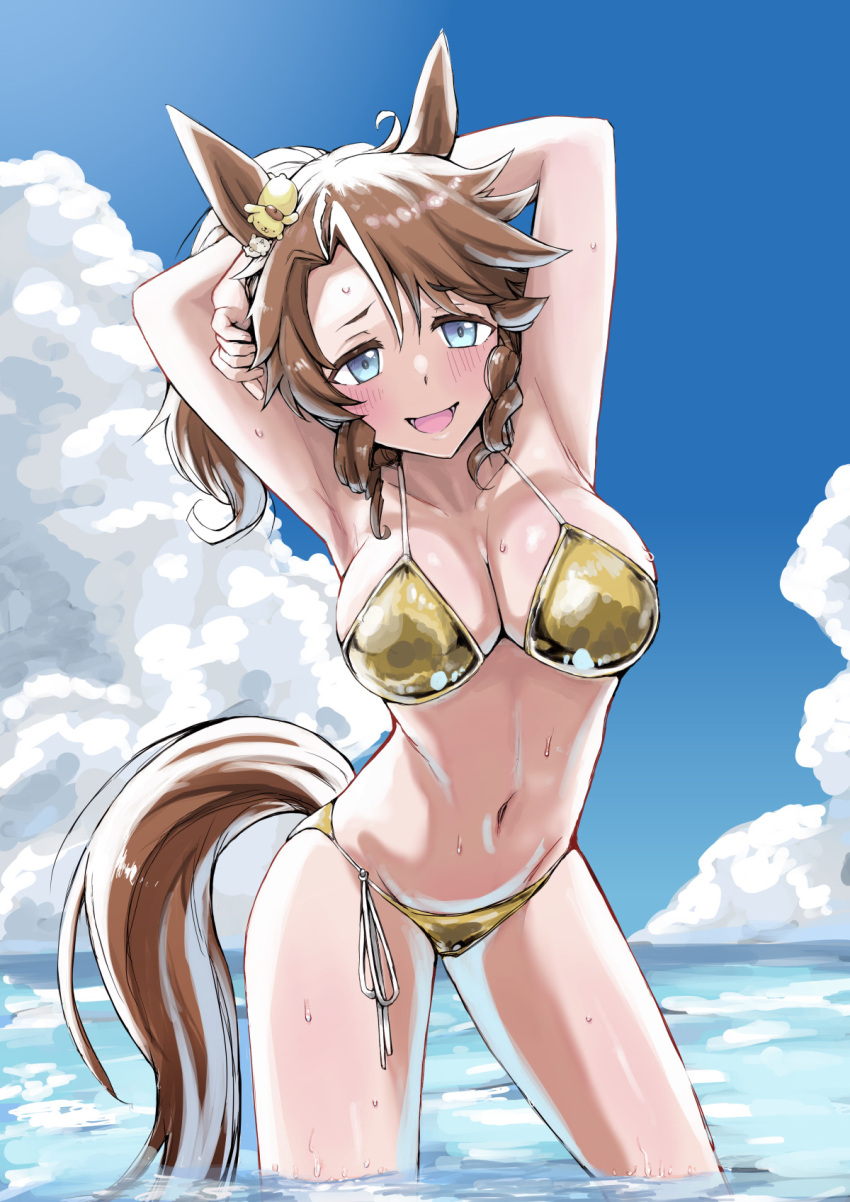 ahoge animal_ears armpits beach bikini blue_eyes breasts brown_hair cleavage cloud collarbone commentary_request cowboy_shot female gold_bikini hair_between_eyes hair_ornament halterneck hands_up highres horse_ears horse_girl horse_tail long_hair looking_at_viewer medium_breasts mejiro_palmer_(umamusume) multicolored_hair navel nichiyouoekaki ocean outdoors side-tie_bikini_bottom sky solo streaked_hair string_bikini swimsuit tail umamusume