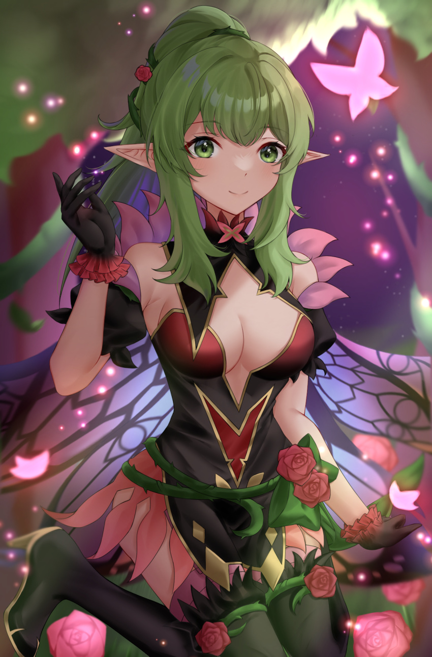 black_dress black_gloves blush breasts bug butterfly cleavage closed_mouth commentary_request dress ell_0314 fairy_wings fake_wings female fire_emblem fire_emblem_awakening fire_emblem_heroes flower gloves green_eyes green_hair highres long_hair looking_at_viewer official_alternate_costume petals pink_butterfly plant pointy_ears ponytail red_flower red_rose rose sidelocks smile solo thorns tiki_(adult)_(fire_emblem) tiki_(adult)_(resplendent)_(fire_emblem) tiki_(fire_emblem) vines wings