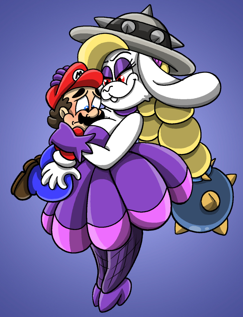 anthro blonde_hair blue_eyes broodal clothed clothing dress duo female fur gloves hair handwear hariet_(mario) hat headgear headwear hi_res human lagomorph leporid male mammal mario mario_bros nintendo purple_clothing purple_dress rabbit red_eyes shinragod super_mario_odyssey white_body white_fur