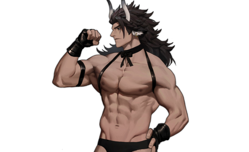 1boy abs animal_ears arknights arm_up biceps black_gloves black_male_underwear black_ribbon brown_hair closed_mouth collarbone commentary_request cow_ears cow_horns cowboy_shot diaodiao fingerless_gloves flexing frown gloves groin hand_on_own_hip highres horns long_hair looking_ahead male_focus male_underwear matterhorn_(arknights) muscular muscular_male navel neck_ribbon nipples pectorals profile ribbon simple_background solo underwear white_background