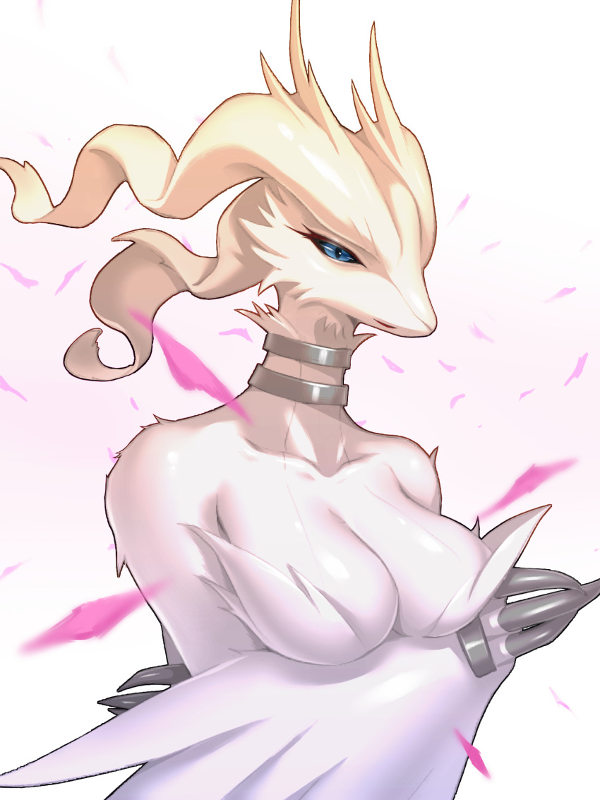 aliasing animal_hands awkwa black_sclera blue_eyes body_fur breasts claws cleavage collarbone colored_sclera commentary_request crossed_arms female furry furry_female happy highres jewelry large_breasts long_hair looking_afar neck_ring open_mouth personification pink_background pokemon pokemon_(creature) reshiram shiny_skin sideways_mouth smile snout solo standing upper_body white_fur white_hair white_wings winged_arms wings