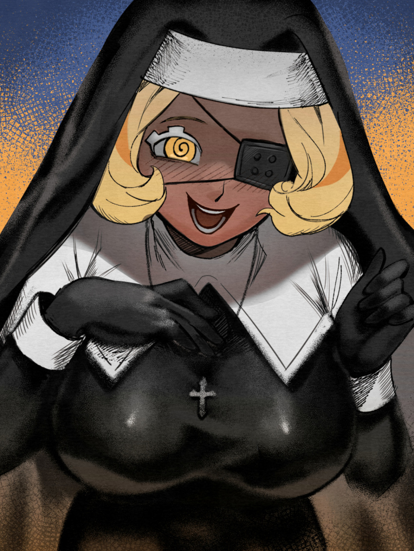 @_@ alternate_costume blonde_hair breasts colored_eyelashes commentary cookie_run cookie_run:_ovenbreak cross cross_necklace dark_skin dress eyepatch female gloves habit hand_on_own_chest highres hjoe8 jewelry large_breasts leaning_forward long_sleeves medical_eyepatch necklace nun open_mouth shaded_face skin_tight smile solo timekeeper_cookie yellow_eyes