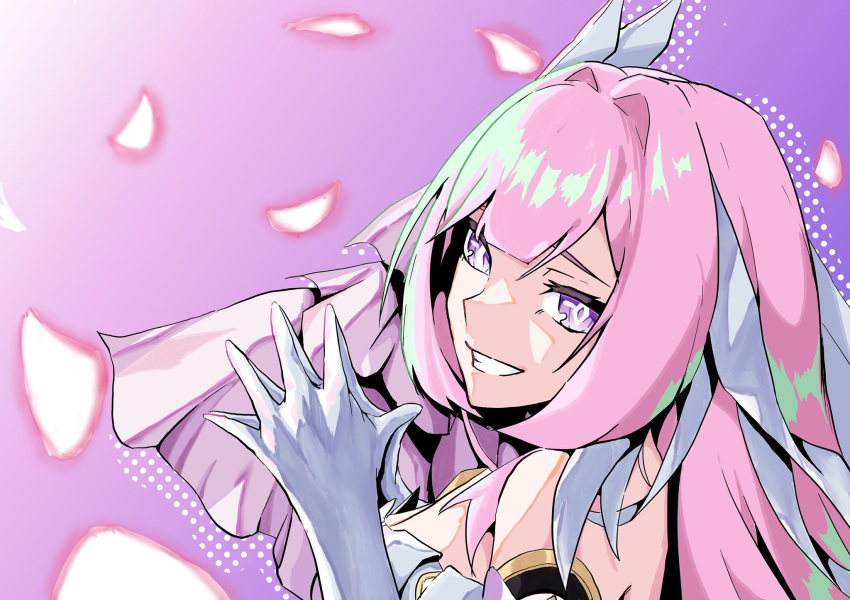 bare_shoulders elysia_(herrscher_of_human:_ego)_(honkai_impact) elysia_(honkai_impact) female giga_(giga_unko03) gloves grin highres honkai_(series) honkai_impact_3rd long_hair looking_at_viewer own_hands_together pink_hair purple_eyes smile solo steepled_fingers very_long_hair white_gloves