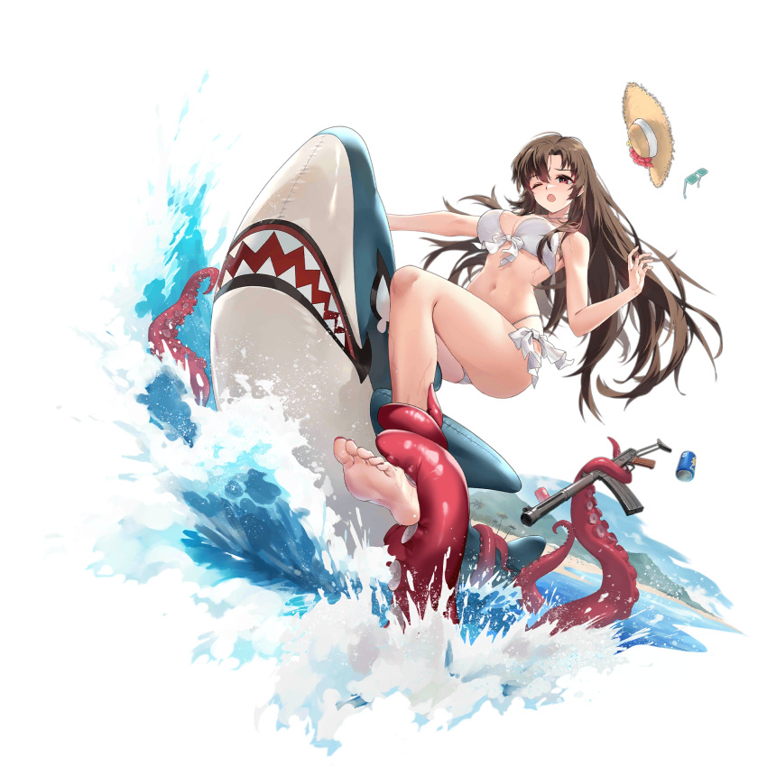 ;o ankle_grab barefoot beach bikini blush breasts brown_hair can chilunchilun criss-cross_halter day drink_can feet female fingernails flower girls'_frontline green-framed_eyewear gun halterneck hand_up hat hat_flower highres inflatable_shark inflatable_toy large_breasts long_hair mountainous_horizon nail_polish octopus official_alternate_costume official_art one_eye_closed open_mouth outdoors palm_tree pink_nails red_eyes red_flower riding shutter_shades simple_background skindentation soda_can soles solo splashing straw_hat submachine_gun sun_hat swimsuit tentacle third-party_source toenail_polish toenails toes transparent_background tree type_64_(girls'_frontline) type_64_(shark-riding_beauty)_(girls'_frontline) type_64_smg unworn_eyewear unworn_hat unworn_headwear very_long_hair water weapon white_bikini