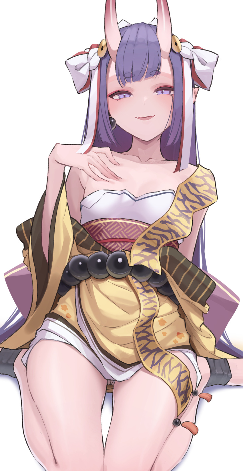 absurdres alternate_hair_length alternate_hairstyle bare_shoulders bead_belt breasts cosplay earrings eyeliner fate/grand_order fate_(series) female gamangajo highres horns ibaraki_douji_(fate) japanese_clothes jewelry kimono long_hair long_sleeves looking_at_viewer makeup obi off_shoulder oni purple_eyes purple_hair sash shuten_douji_(fate) skin-covered_horns small_breasts wide_sleeves yellow_kimono