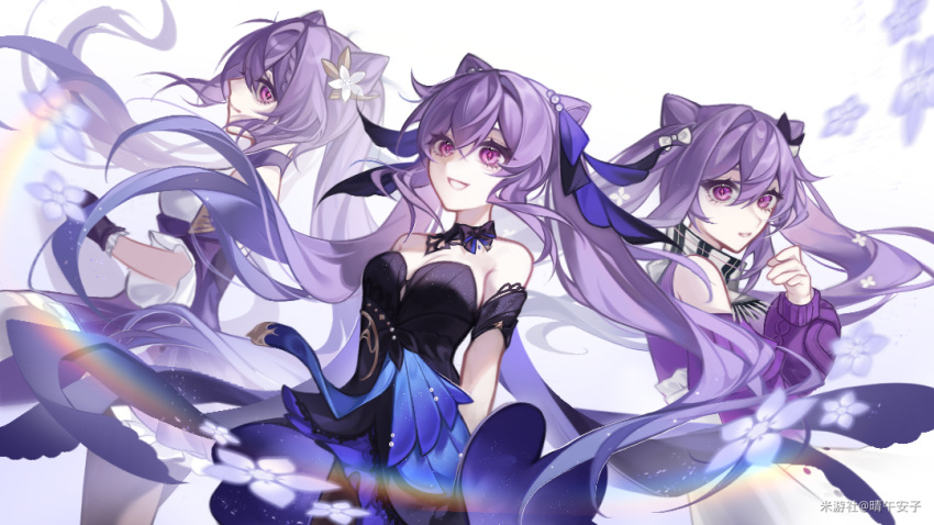 3girls bare_shoulders black_choker black_dress blue_ribbon breasts choker cleavage clothing_cutout cone_hair_bun cowboy_shot detached_sleeves dress genshin_impact grin hair_bun hair_ribbon keqing_(genshin_impact) keqing_(lantern_rite)_(genshin_impact) keqing_(opulent_splendor)_(genshin_impact) long_sleeves multiple_girls multiple_persona purple_eyes purple_hair purple_sweater qingwuanzi ribbon short_sleeves shoulder_cutout small_breasts smile standing strapless strapless_dress sweater twintails white_background