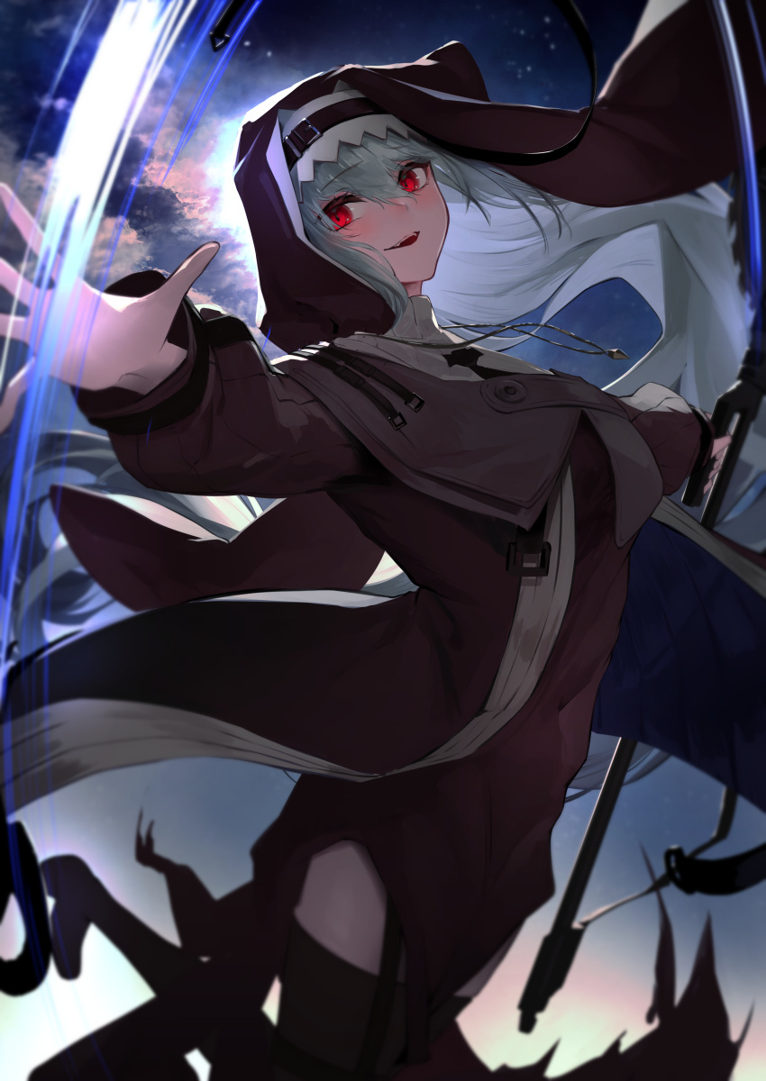 absurdres arknights black_footwear black_thighhighs breasts circular_saw coat commentary_request female grey_coat grey_hair hair_between_eyes highres holding holding_weapon jewelry light_blush light_smile long_sleeves looking_at_viewer necklace nun open_clothes open_coat open_mouth red_eyes saw solo specter_(arknights) thighhighs thighs ukai_(fmxc3282) weapon