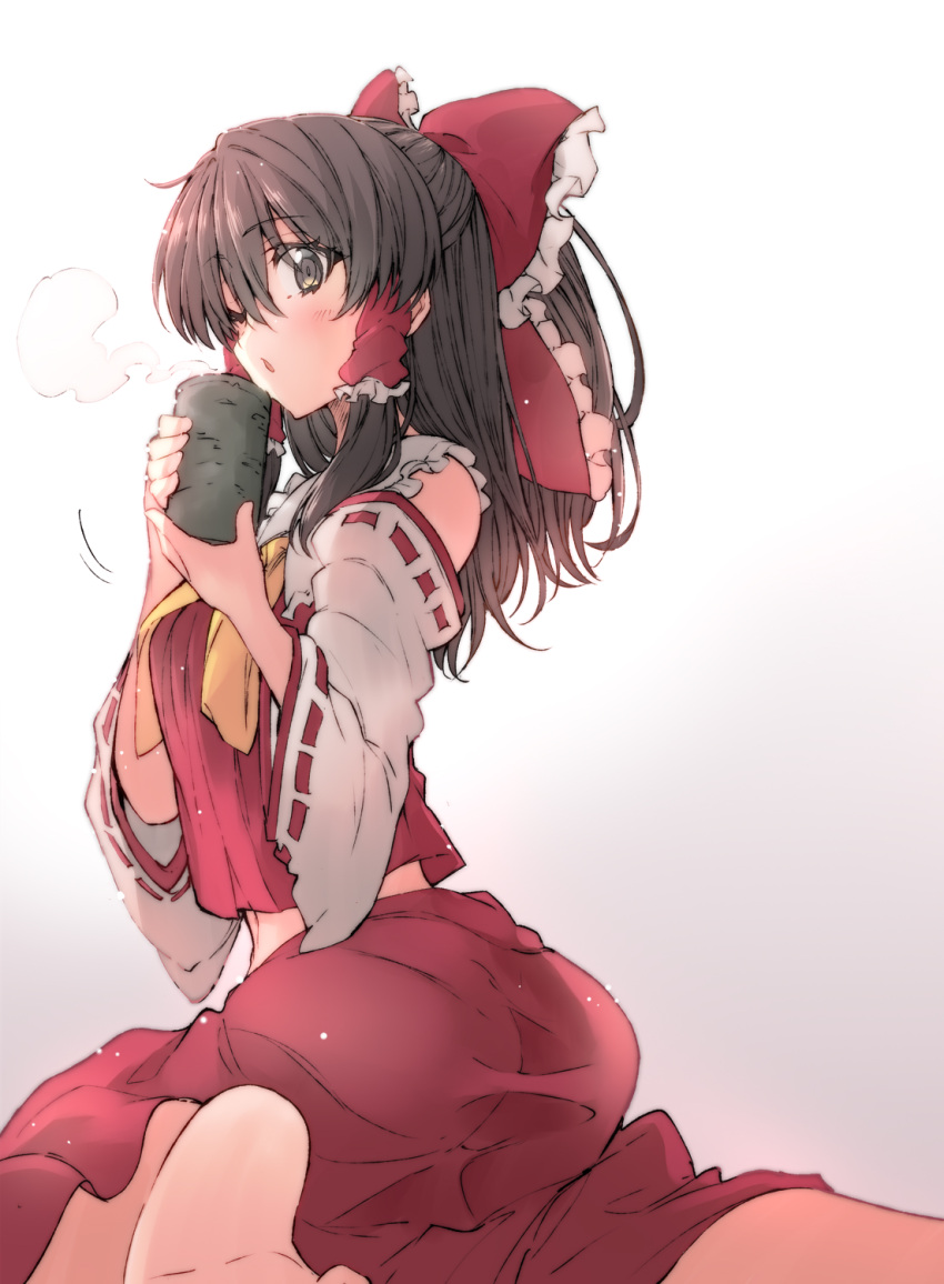 ascot ass barefoot blush bow brown_eyes brown_hair commentary_request cup detached_sleeves female frilled_bow frilled_hair_tubes frills hair_tubes hairbow hakurei_reimu highres holding holding_cup long_hair looking_at_viewer midriff nitro_v2 one_eye_closed open_mouth red_bow red_skirt ribbon-trimmed_sleeves ribbon_trim sitting skirt skirt_set solo steam touhou yellow_ascot yunomi