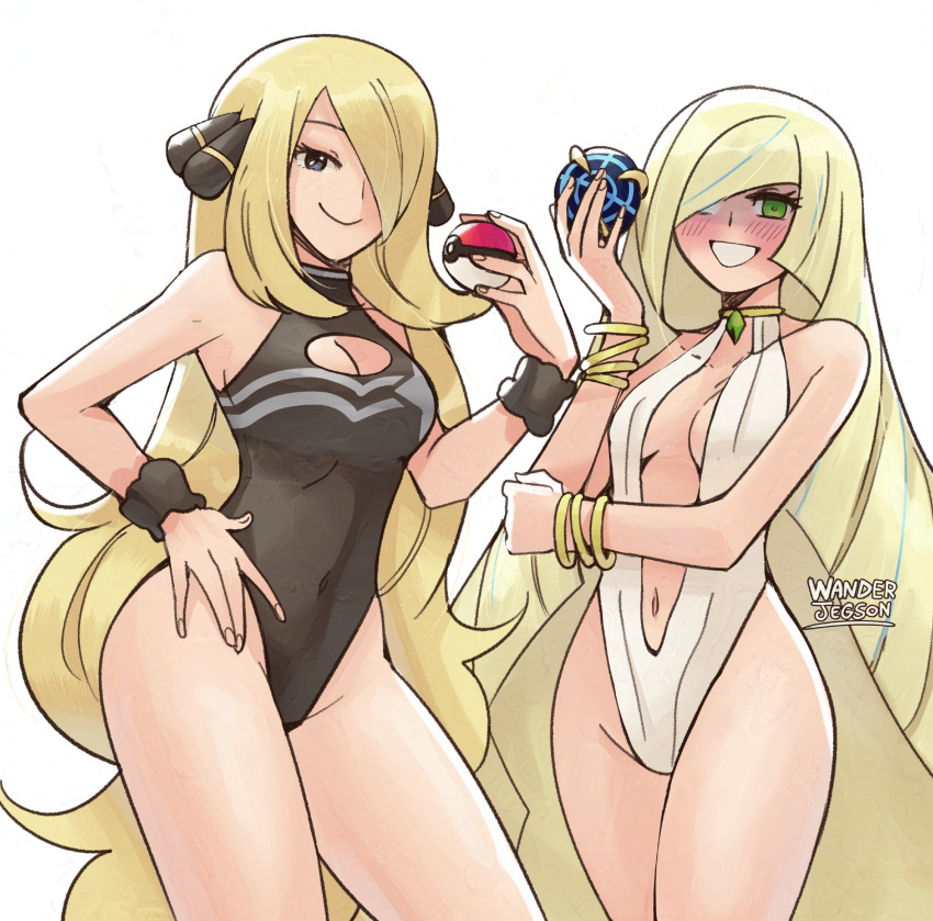 2girls bare_shoulders black_one-piece_swimsuit blonde_hair blush breasts center_opening cleavage cynthia_(pokemon) green_eyes highleg highleg_one-piece_swimsuit highres holding holding_poke_ball long_hair looking_at_viewer lusamine_(pokemon) master_ball medium_breasts multiple_girls navel one-piece_swimsuit poke_ball pokemon pokemon_dppt pokemon_sm smile swimsuit thighs wanderjegson white_background