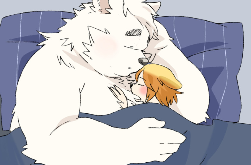 2024 anthro bedding blanket blush canid canine canis closed_eyes domestic_dog duo hi_res hug inunoshippo kemono male mammal overweight overweight_male pillow size_difference sleeping