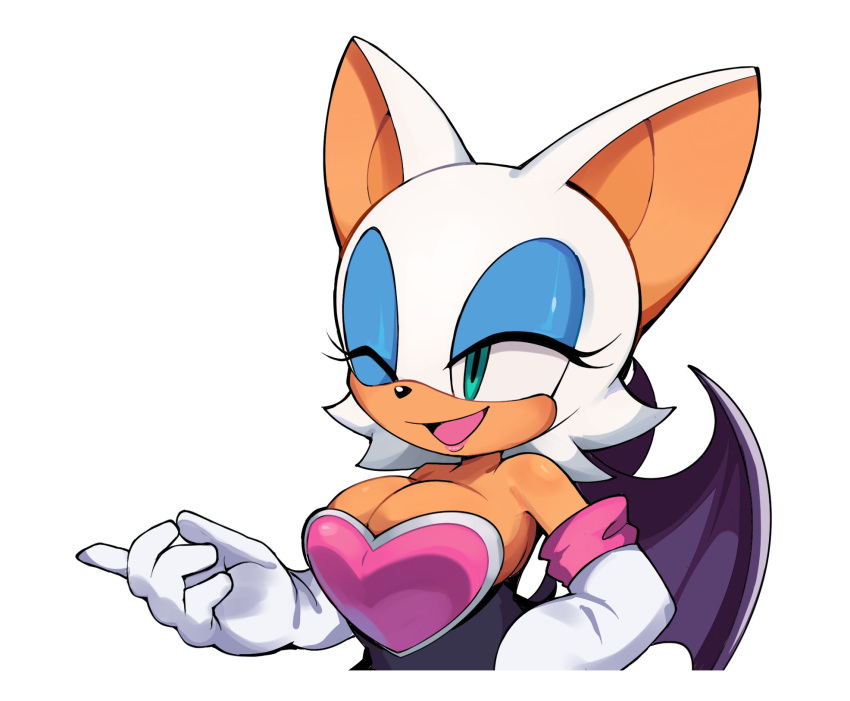 2024 5_fingers anthro armwear bare_shoulders bat breasts clothing elbow_gloves ellisbros eyeshadow female fingers fur gloves handwear hi_res makeup mammal membrane_(anatomy) membranous_wings one_eye_closed open_mouth open_smile rouge_the_bat sega simple_background smile solo sonic_the_hedgehog_(series) tan_body tan_skin white_body white_fur wings wink