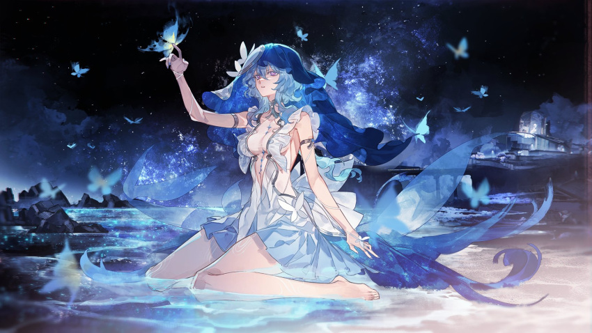 armlet bare_legs bare_shoulders barefoot blue_butterfly blue_nails blue_theme blue_veil breasts bug butterfly butterfly_on_hand collarbone colored_eyelashes commentary dress feet female hair_between_eyes hand_up hashtag-only_commentary highres jewelry krab_(fumekrab) large_breasts legs looking_at_animal nail_polish parted_lips purple_eyes red_pupils shorekeeper_(wuthering_waves) sitting sleeveless sleeveless_dress solo toes two-tone_veil veil wariza water white_dress white_veil wuthering_waves