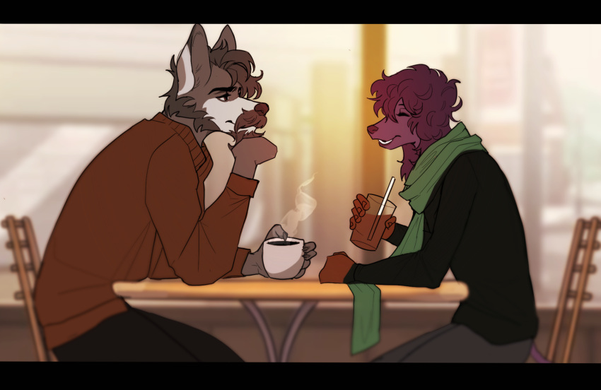 anthro beverage canid canine canis chair coffee coffee_mug coffee_shop date domestic_dog drinking_straw duckyzart duo facial_hair femboy furniture hi_res male male/male mammal poodle purple_body scarf tony_hudson