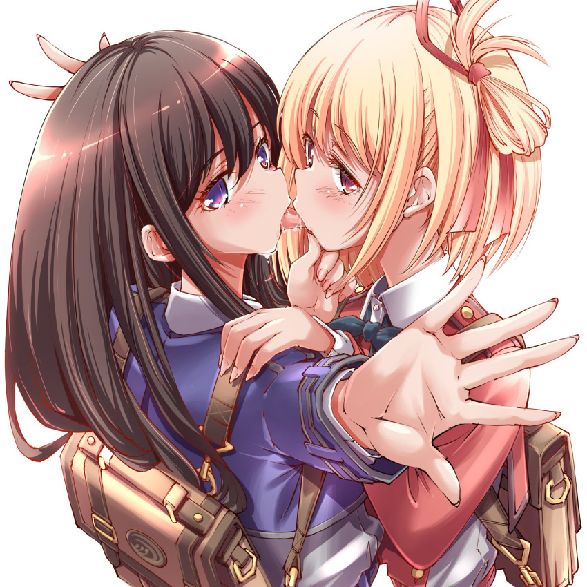 2girls backpack bag black_hair blonde_hair blue_dress blush commentary_request dress french_kiss hair_ribbon hand_on_another's_chin hand_on_another's_head hand_on_another's_shoulder highres inoue_takina kissing long_hair long_sleeves looking_at_another lycoris_recoil lycoris_uniform multiple_girls nishikigi_chisato purple_eyes red_dress red_eyes red_ribbon ribbon saliva short_hair simple_background tongue tongue_out white_background yazawa_mana yuri