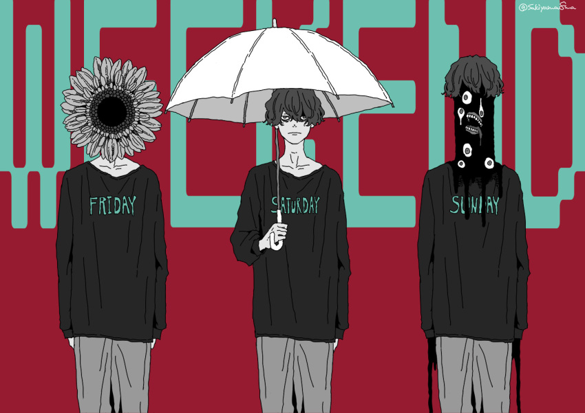 1boy black_shirt clothes_writing commentary_request cowboy_shot dripping_eye english_text flower flower_head grey_pants holding holding_umbrella limited_palette long_sleeves looking_at_viewer male_focus monster multiple_views original pants red_background sakiyama8ma shirt short_hair sunflower tongue tongue_out twitter_username umbrella white_umbrella