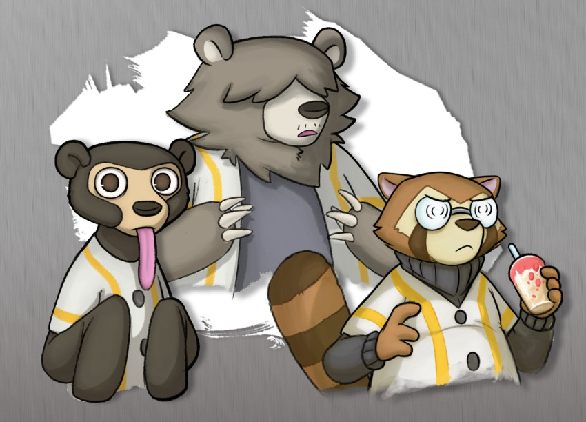 2024 ailurid anthro baseball_uniform bear benteem1 big_tongue biped brand_new_animal clothing eyewear glasses group hi_res kemono mammal open_mouth red_panda shirt simple_background sportswear studio_trigger tongue tongue_out topwear uniform