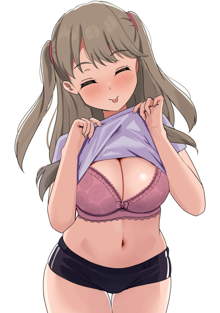 :p black_buruma blush bra breasts brown_hair buruma cleavage closed_mouth clothes_lift commentary_request cowboy_shot female frilled_bra frills fujishima_megumi gym_uniform hair_ribbon highres large_breasts link!_like!_love_live! long_hair love_live! navel pink_bra pisagi purple_shirt ribbon shirt shirt_lift short_sleeves simple_background solo standing tongue tongue_out two_side_up underwear white_background