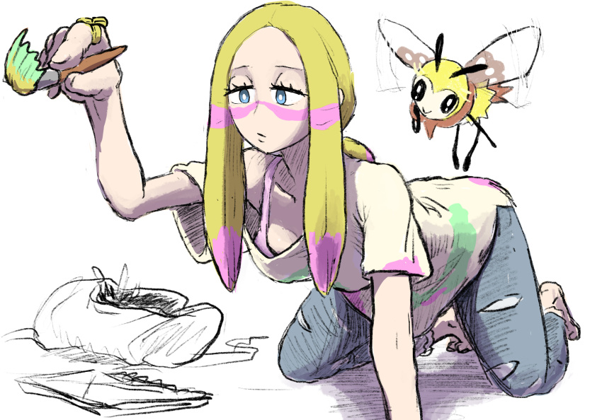 accidental_exposure antennae barefoot blonde_hair blue_eyes breasts collarbone female highres holding holding_paintbrush insect_wings kaeru_boiler mina_(pokemon) paint_splatter paint_splatter_on_face paintbrush pokemon pokemon_(creature) pokemon_sm ribombee simple_background white_background wings