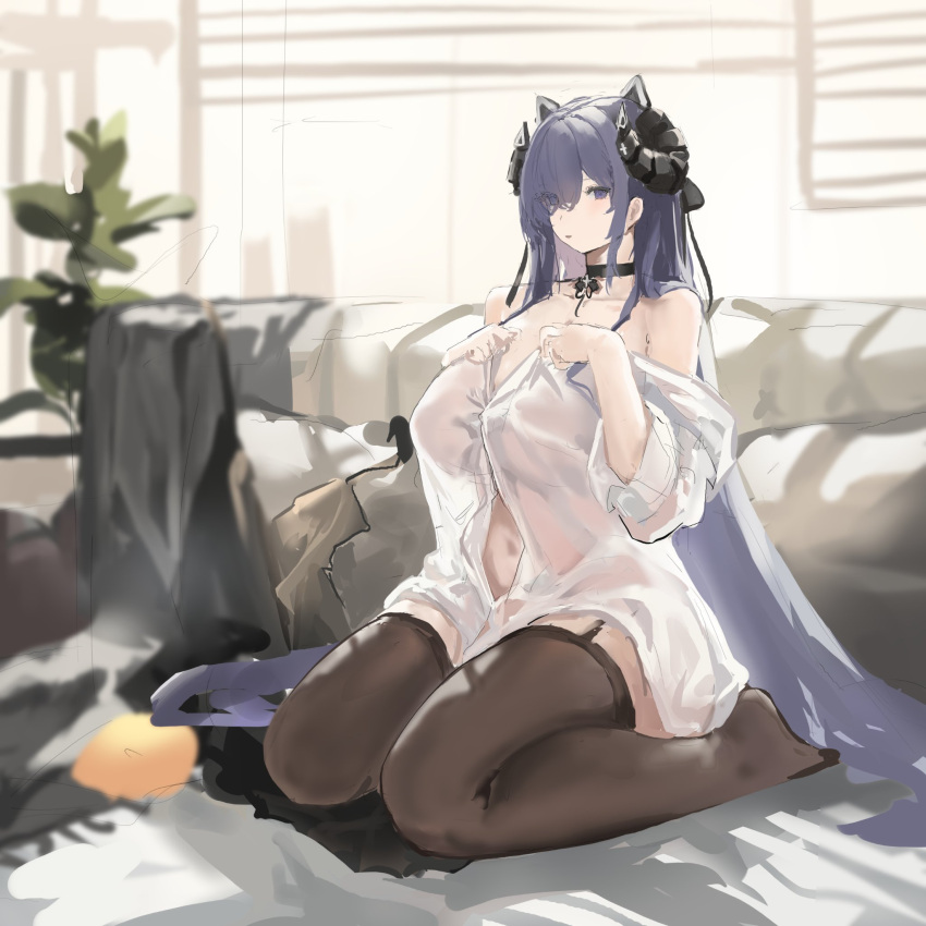 august_von_parseval_(azur_lane) august_von_parseval_(the_unhulde's_midday_respite)_(azur_lane) azur_lane black_horns blanket blue_hair curled_horns female hair_over_one_eye highres horns long_hair lump_saury mechanical_horns official_alternate_costume one_eye_covered see-through_clothes see-through_shirt shirt sleeves_rolled_up solo window_blinds